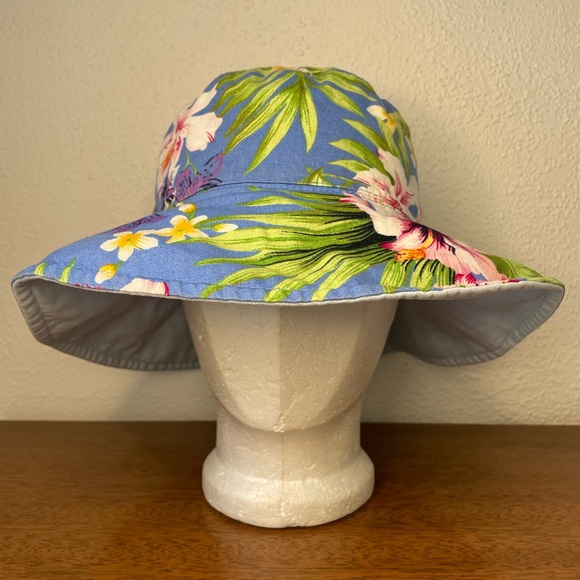 Accessories - Floral Hat Pool Sunhat Wide Brim Blue Green Tropical Trends. Travel hat fold.